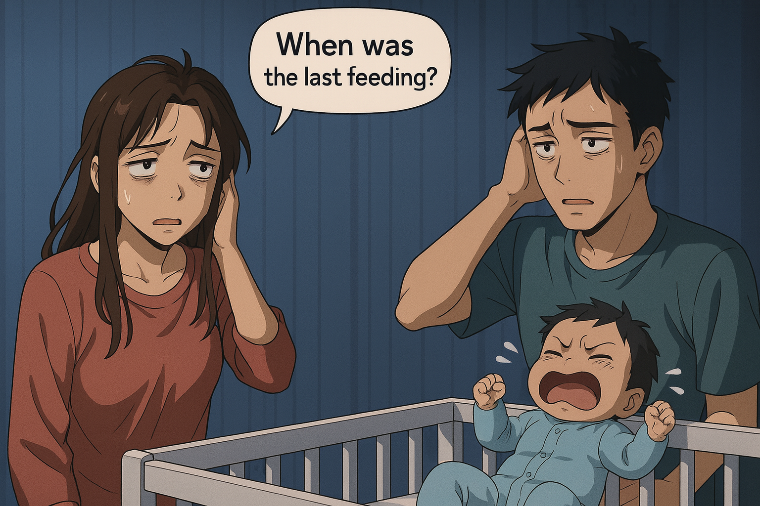 Parents trying to remember the last feeding session.