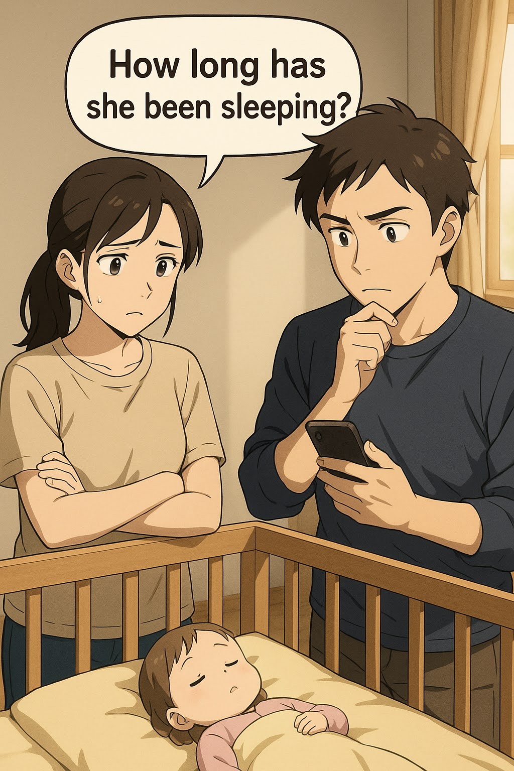 Parent checking on a sleeping baby with uncertainty.